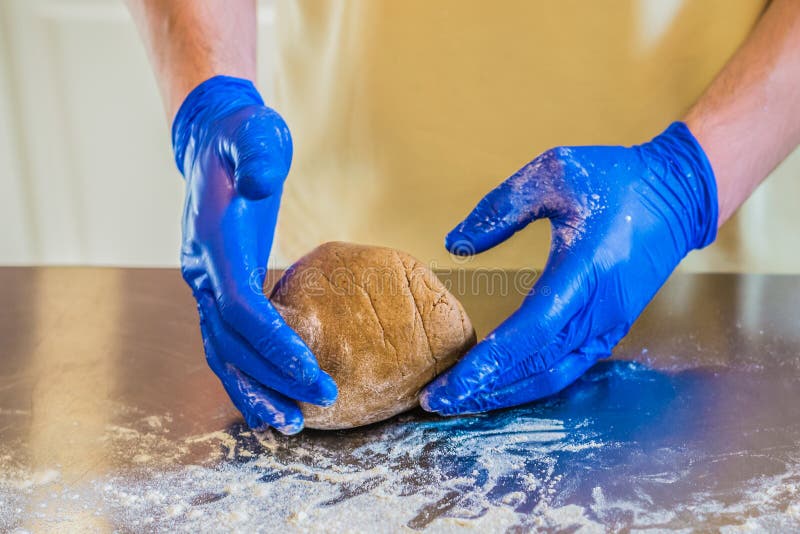 Men`s Hands in Gloves Knead the Dough for Cookies Stock Image Image