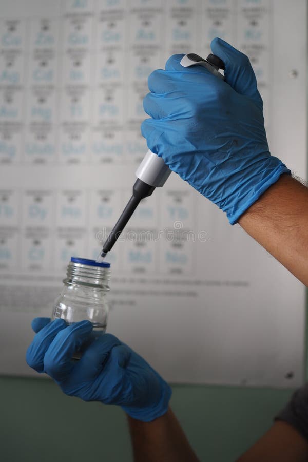 Men`s Hands Scientists are Using Aquatic Release Micropipette into the