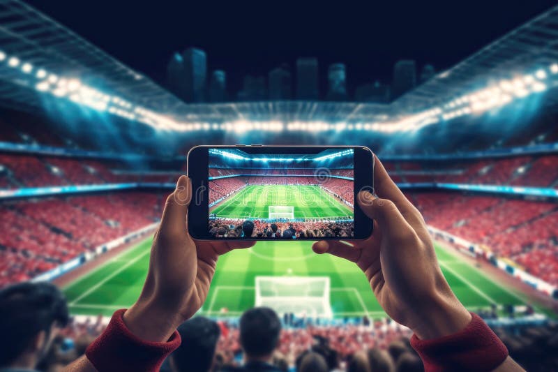 Oamenii trag un meci de fotbal pe stadion cu o revoluție de 5g smartphone în industria sportului vector illustration