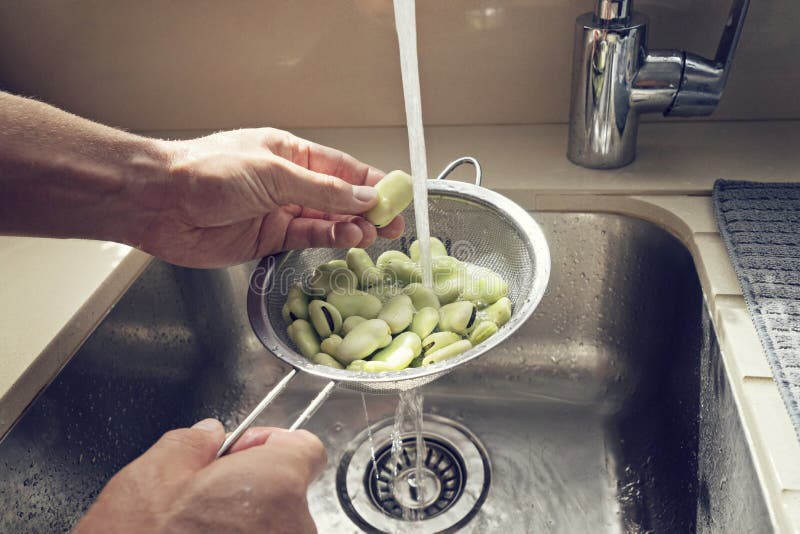 Men`s Hands Wash in a Sieve Fresh Green Beans Stock Photo Image of