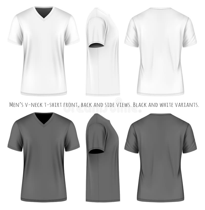 Men short sleeve v-neck t-shirt. Front, side and back views. Vector illustration. Fully editable handmade mesh. Black and white variants.