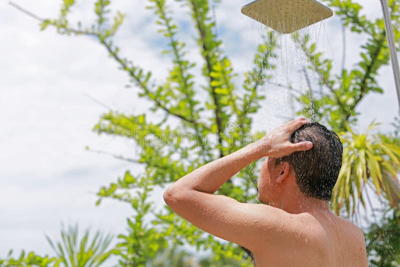 Men Showering Outdoor in the Resort. Stock Image Image of outdoor