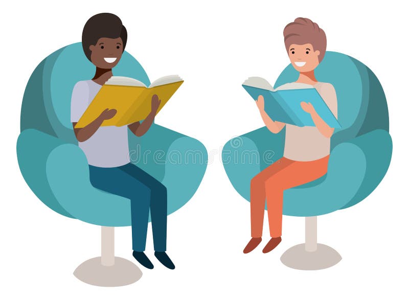 Men sitting in sofa with book avatar character vector illustration design