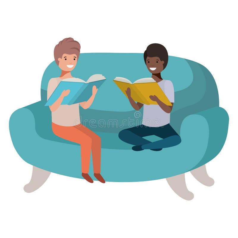 Men sitting in sofa with book avatar character vector illustration design