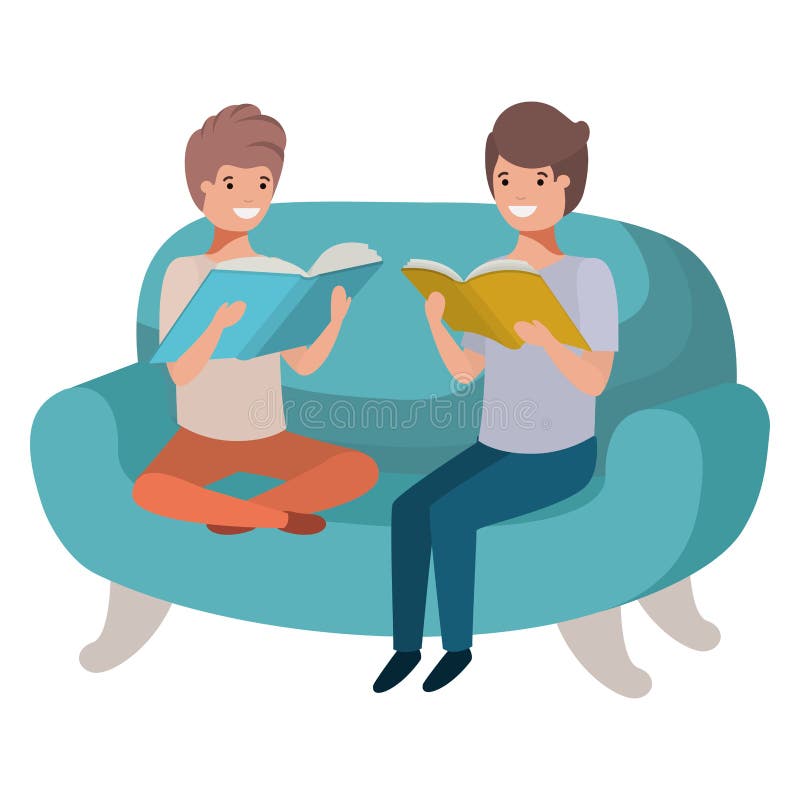 Men sitting in sofa with book avatar character vector illustration design