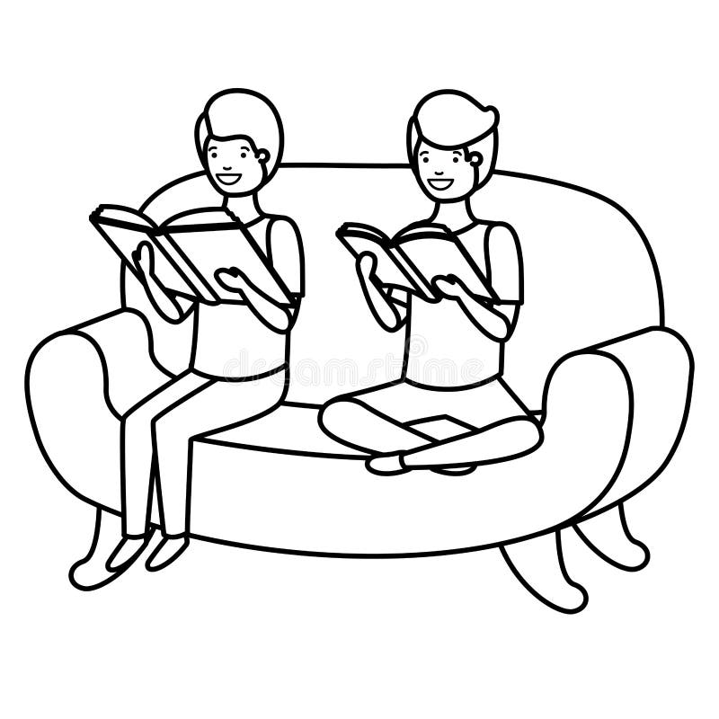 Men sitting in sofa with book avatar character vector illustration design