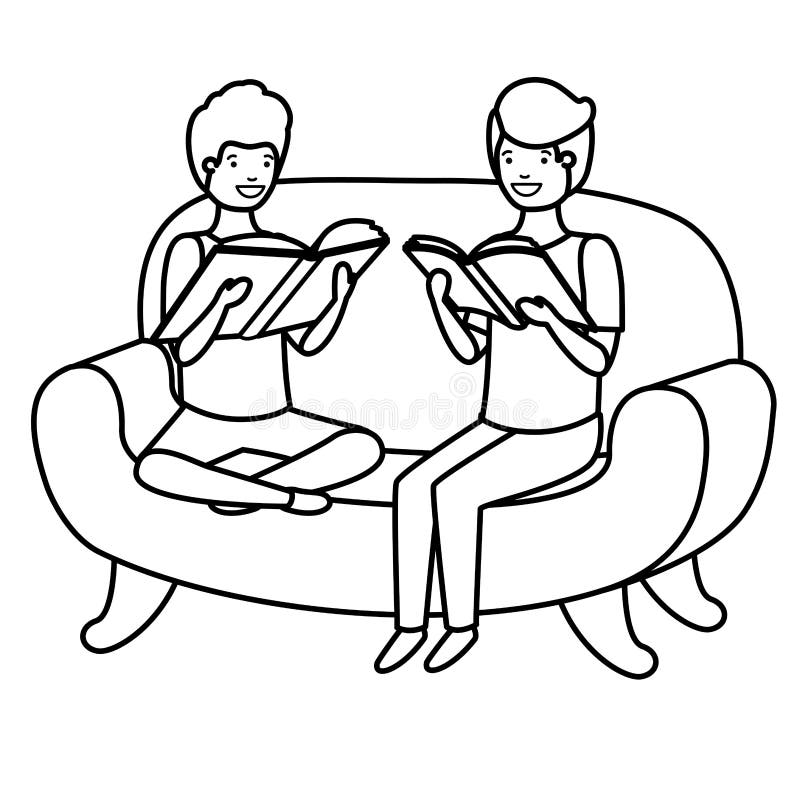 Men sitting in sofa with book avatar character vector illustration design