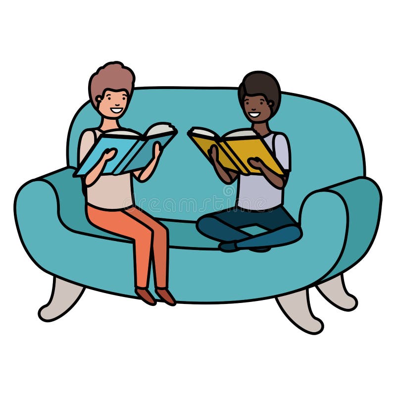 Men sitting in sofa with book avatar character vector illustration design