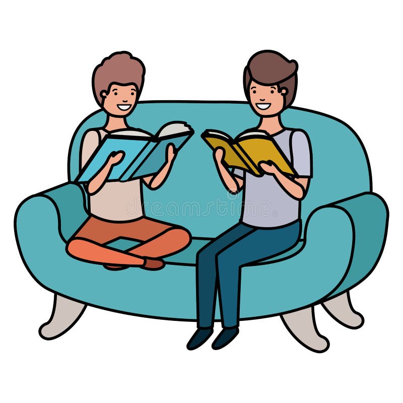 Men sitting in sofa with book avatar character vector illustration design