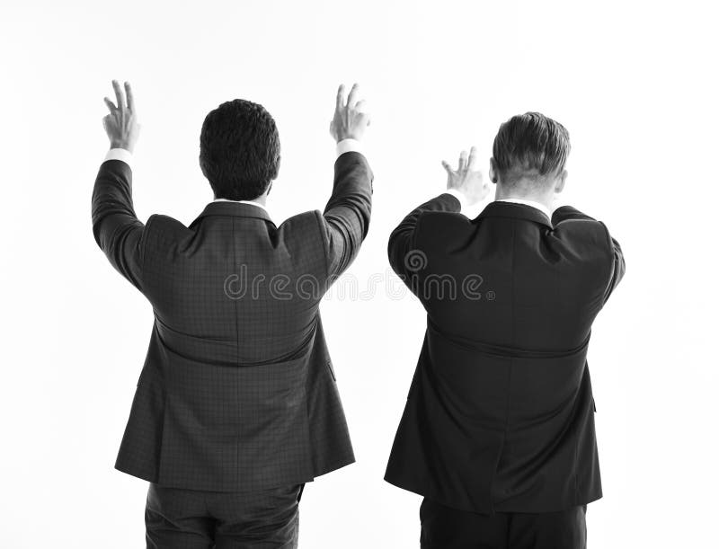 Men in Suit or Businessmen Raise Hands Stock Photo - Image of ...