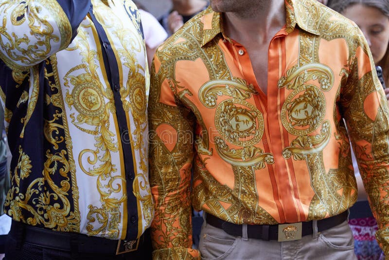 Men with Versace Decorated Shirts in Golden Colors before Versace Fashion  Show, Milan Fashion Week Street Style Editorial Photo - Image of colorful,  outfit: 195183816