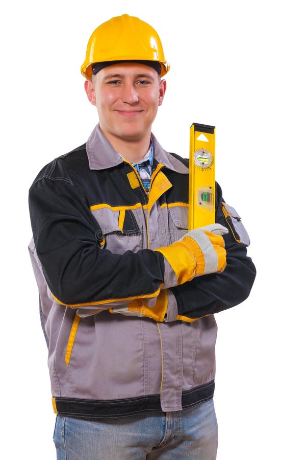 Men Wearing Working Clothes Holding Construction Level Isolated Stock