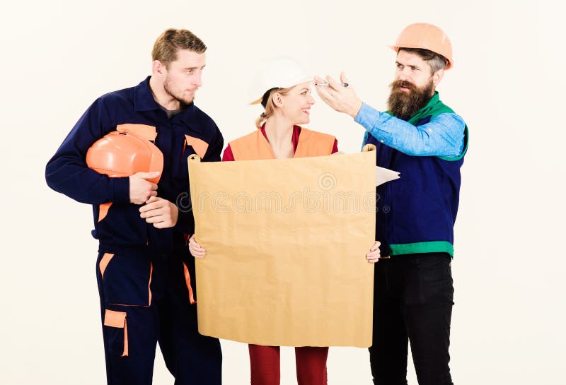 Men And Woman In Helmets Architects On Busy Face Stock Image Image Of Decision Engineer