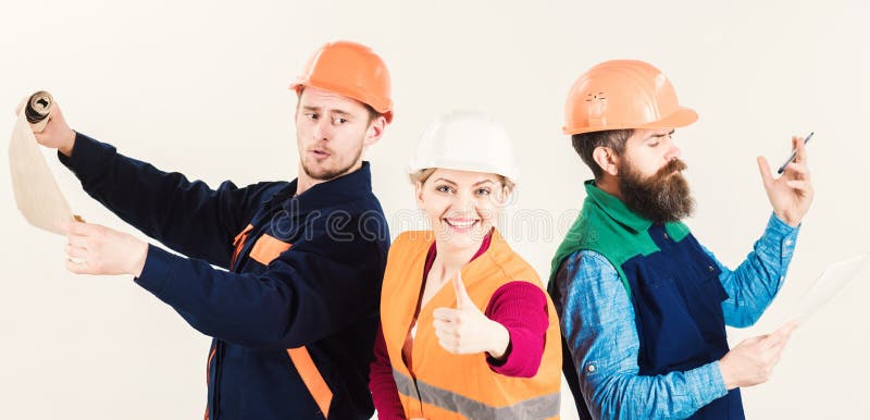 Men and woman in helmets busy with different tasks white