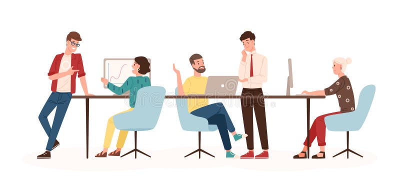 Men and women sitting at desk and standing in modern office, working at computers and talking with colleagues. Effective