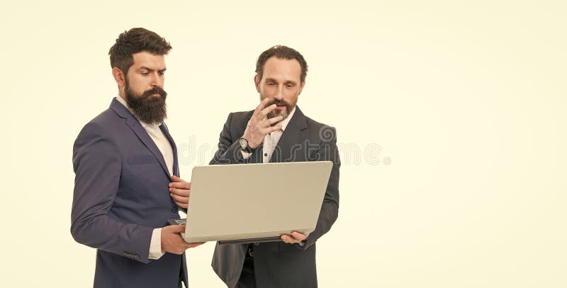 Men working with laptop. Web pages content easily discoverable searching terms. Commercial intent. Search engine royalty free stock photography