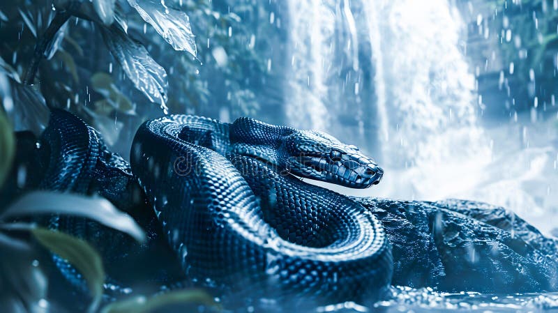 Menacing Black Python Coiled Beneath Powerful Waterfall in Lush Forest ...