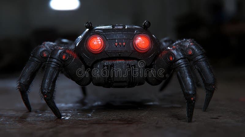 A menacing mechanical spider with glowing red eyes. royalty free illustration