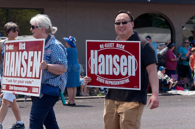 Hansen Supporters March at Mendota. Mendota, Minnesota/USA – JULY 14, 2018: Supporters of Minnesota State Representative Rick Hansen march in street royalty free stock photos Hansen Supporters March at Mendota. Mendota, Minnesota/USA – JULY 14, 2018: Supporters of Minnesota State Representative Rick Hansen march in street royalty free stock photos