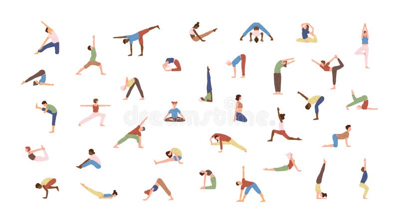 Menge von den kleinen Leuten, die Yogaübungen durchführen Männer und Frauen, die Asana lokalisiert auf weißem Hintergrund üben ge lizenzfreie abbildung Menge von den kleinen Leuten, die Yogaübungen durchführen Männer und Frauen, die Asana lokalisiert auf weißem Hintergrund üben ge lizenzfreie abbildung