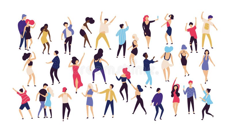 Crowd of young men and women dressed in trendy clothes dancing at club or music concert. Large group of male and female cartoon characters having fun at party. Flat colorful vector illustration. Crowd of young men and women dressed in trendy clothes dancing at club or music concert. Large group of male and female cartoon characters having fun at party. Flat colorful vector illustration