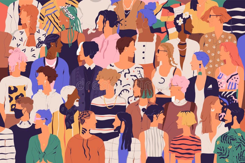 Crowd of young and elderly men and women in trendy hipster clothes. Diverse group of stylish people standing together. Society or population, social diversity. Flat cartoon vector illustration. Crowd of young and elderly men and women in trendy hipster clothes. Diverse group of stylish people standing together. Society or population, social diversity. Flat cartoon vector illustration