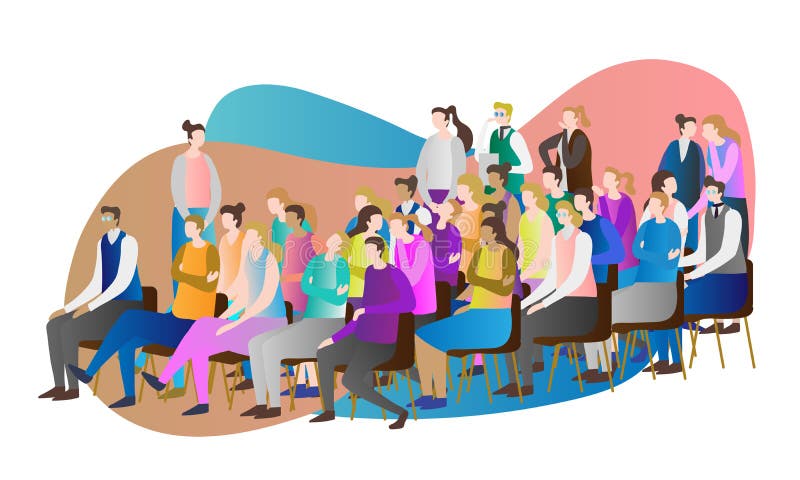 Mengenpublikums-Vektorillustration Gruppe von Personen, die zusammen sitzen und aufpassende Rede, Darstellung oder Konferenz stock abbildung Mengenpublikums-Vektorillustration Gruppe von Personen, die zusammen sitzen und aufpassende Rede, Darstellung oder Konferenz stock abbildung