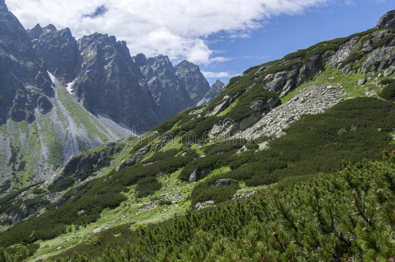 Mengusovská dolina, významná turistická stezka na rysy, vysoké tatry, slovensko, úžasný výhled se zelenými kopci