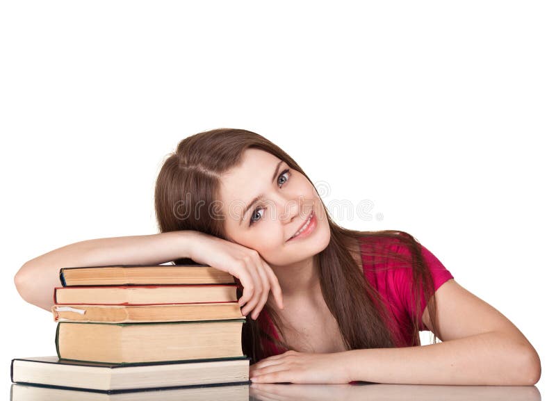 Menina adolescente com lote dos livros
