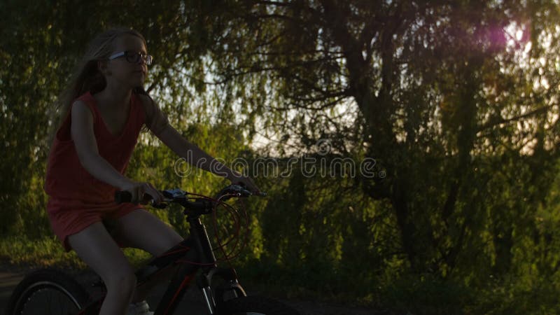 Menina adolescente positiva que aprecia o campo na bicicleta