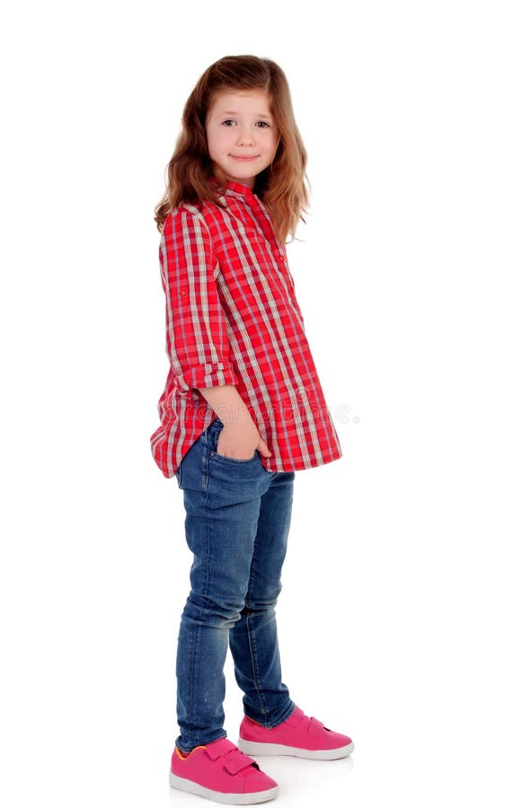 Menina adorável com a camisa de manta vermelha que olha o lado fotografia de stock Menina adorável com a camisa de manta vermelha que olha o lado fotografia de stock