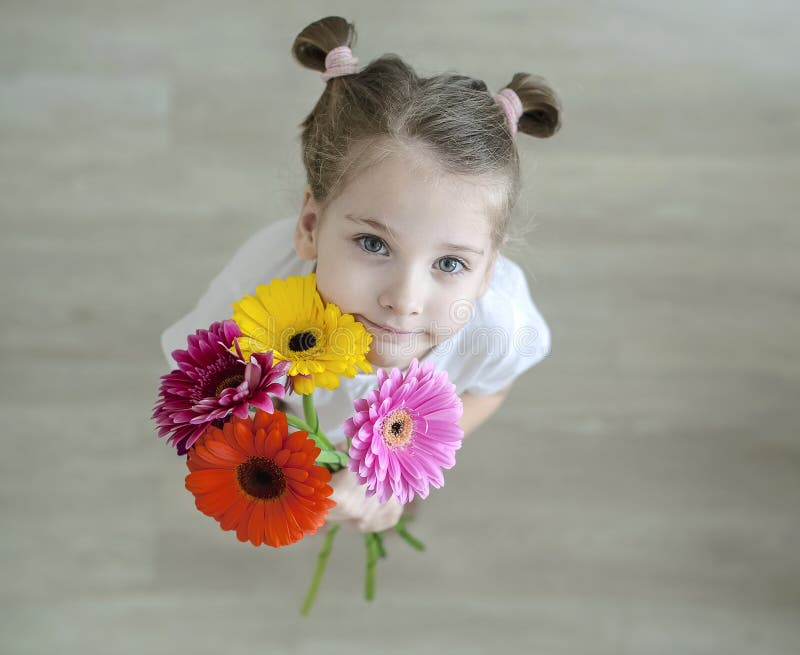 Menina adorável com o ramalhete bonito do rosa, margaridas roxas, amarelas, alaranjadas da terra arrendada do sorriso e da expres imagem de stock Menina adorável com o ramalhete bonito do rosa, margaridas roxas, amarelas, alaranjadas da terra arrendada do sorriso e da expres imagem de stock