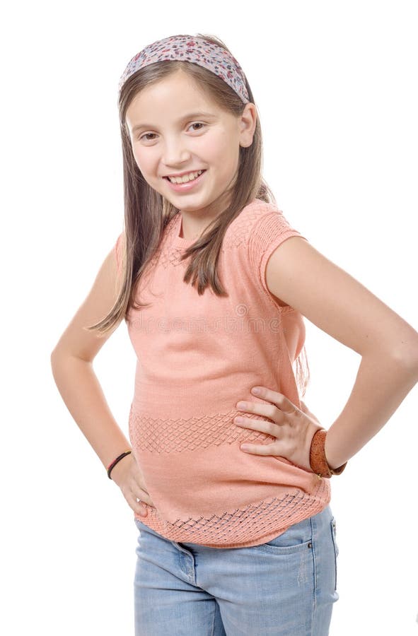 Menina adorável do preteen isolada no fundo branco imagem de stock Menina adorável do preteen isolada no fundo branco imagem de stock