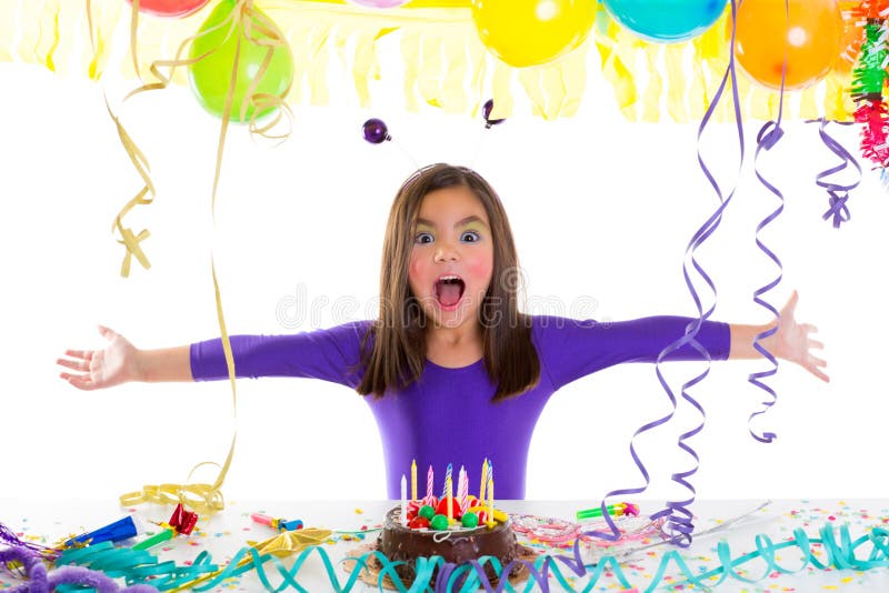 Asian child kid girl in birthday party happy gesture and chocolate cake. Asian child kid girl in birthday party happy gesture and chocolate cake