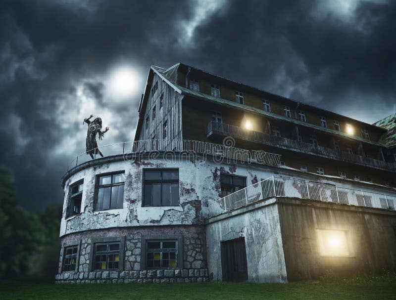 Menina assustador do zombi em um balcão da casa assustador fotografia de stock Menina assustador do zombi em um balcão da casa assustador fotografia de stock