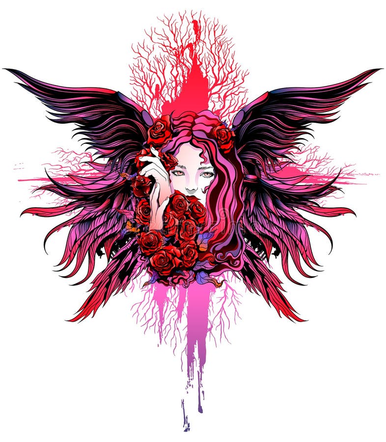 Desenho estilo anime de uma garota com asas de anjo e uma cruz generativa  ai