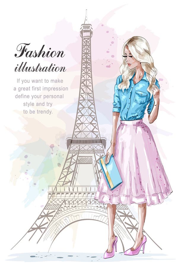 Menina bonita do cabelo louro com bolsa Mulher da forma com a torre Eiffel no fundo Jovem mulher tirada mão na roupa da forma