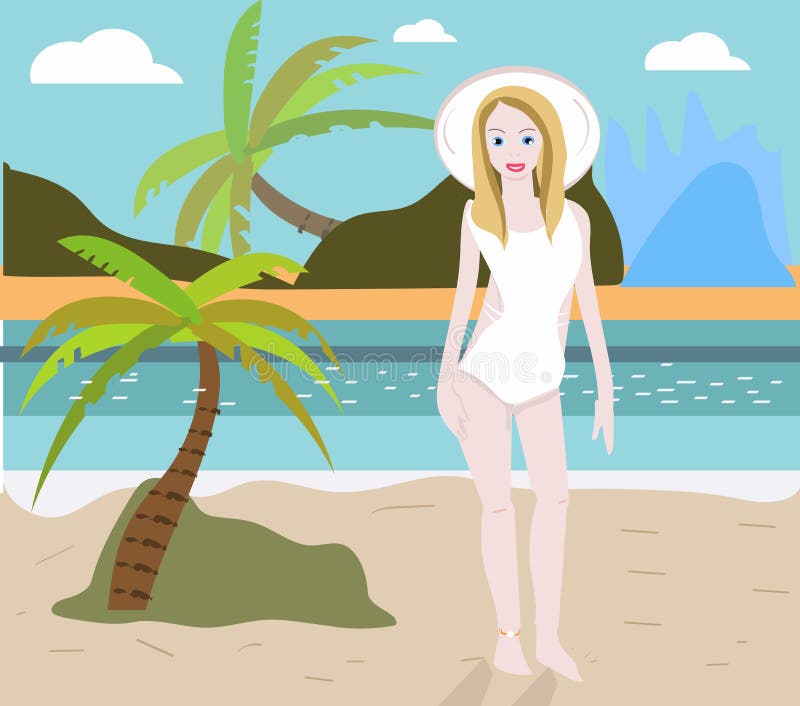 A menina bonita e 'sexy' bronzeada em um chapéu branco sorri, no verão contra um contexto das palmeiras, opinião do mar, vetor ilustração stock A menina bonita e 'sexy' bronzeada em um chapéu branco sorri, no verão contra um contexto das palmeiras, opinião do mar, vetor ilustração stock