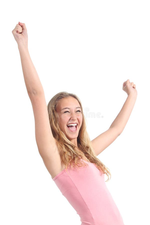 Happy beautiful teenager girl with her arms raised isolated on a white background. Happy beautiful teenager girl with her arms raised isolated on a white background