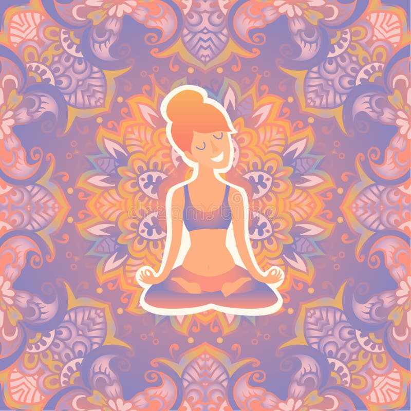 Menina bonita na posição dos lótus sobre a esteira para a ioga Ilustração de cor pastel do vetor no fundo da mandala ilustração royalty free Menina bonita na posição dos lótus sobre a esteira para a ioga Ilustração de cor pastel do vetor no fundo da mandala ilustração royalty free