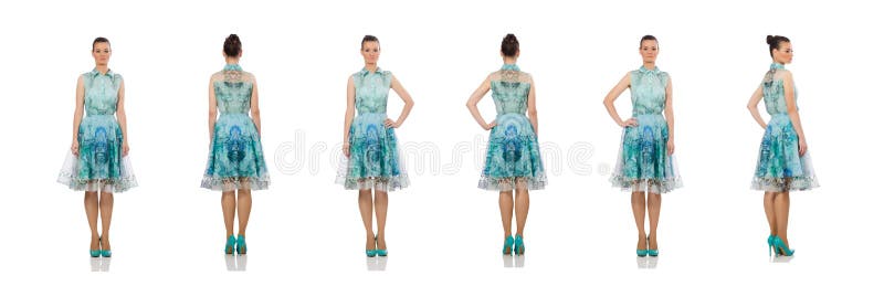 A menina bonita no vestido longo elegante isolado no branco fotografia de stock A menina bonita no vestido longo elegante isolado no branco fotografia de stock