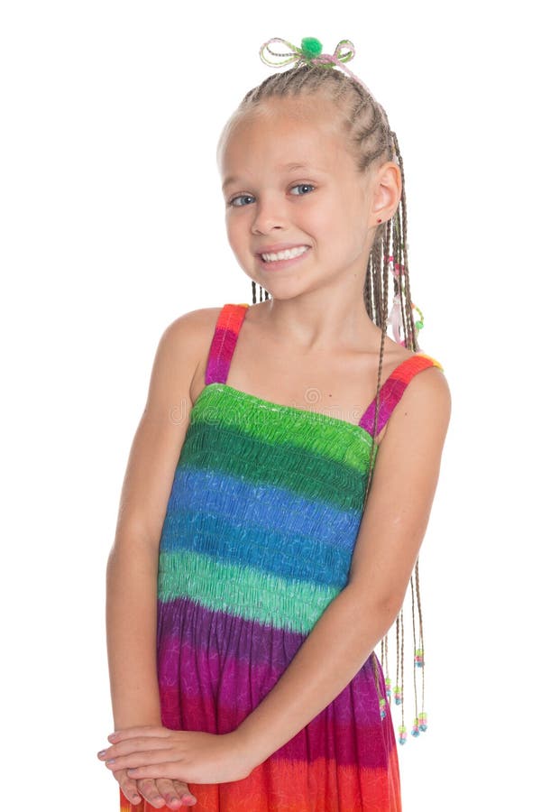 Pequena rapariga bonita num fundo branco foto de stock