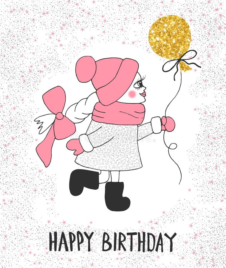Menina bonito com balão do ouro Feliz aniversario do texto do desenho da mão ilustração royalty free Menina bonito com balão do ouro Feliz aniversario do texto do desenho da mão ilustração royalty free