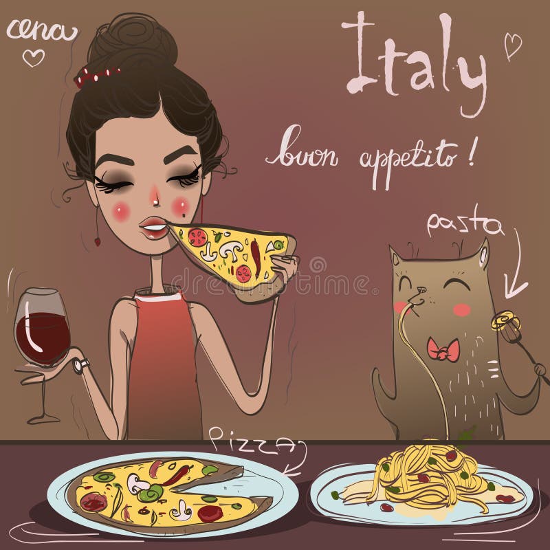 Uma rapariga fofa com um gato a comer ilustração do vetor