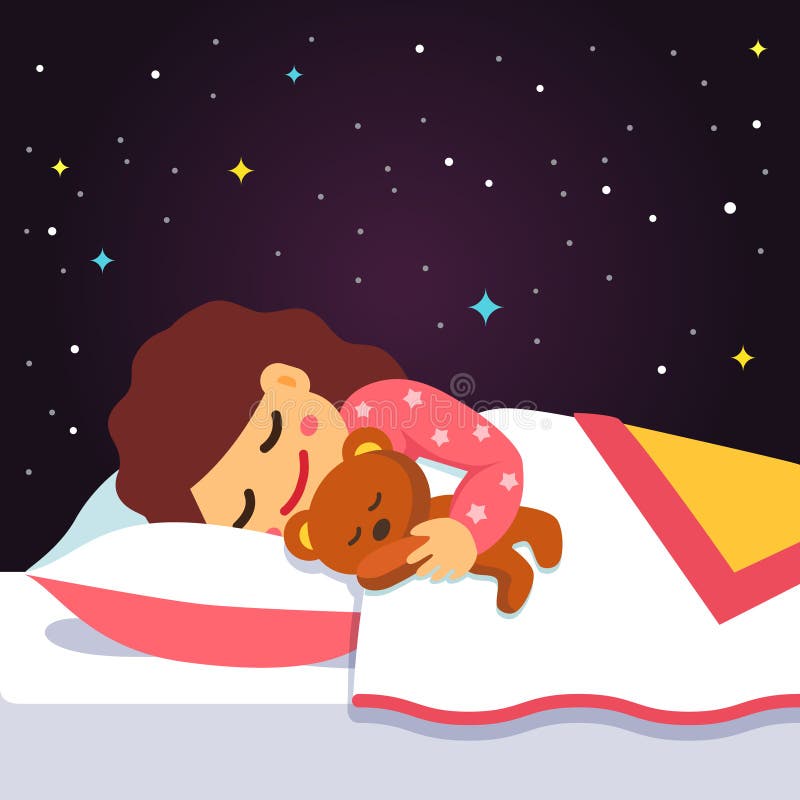 Menina bonito do sono e de sonho com urso de peluche ilustração stock Menina bonito do sono e de sonho com urso de peluche ilustração stock