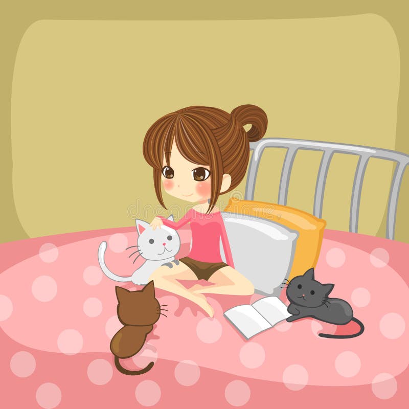 Menina bonito que joga com gatinhos pequenos sobre o ilustração do vetor Menina bonito que joga com gatinhos pequenos sobre o ilustração do vetor