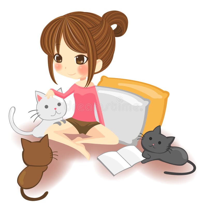 Menina bonito que joga com os gatinhos pequenos no wh ilustração royalty free Menina bonito que joga com os gatinhos pequenos no wh ilustração royalty free