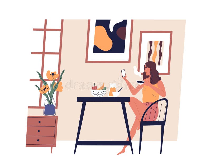 Menina bonito que senta-se na tabela, usando o smartphone e bebendo o café Mulher feliz nova que janta em casa Senhora engraçada ilustração do vetor Menina bonito que senta-se na tabela, usando o smartphone e bebendo o café Mulher feliz nova que janta em casa Senhora engraçada ilustração do vetor