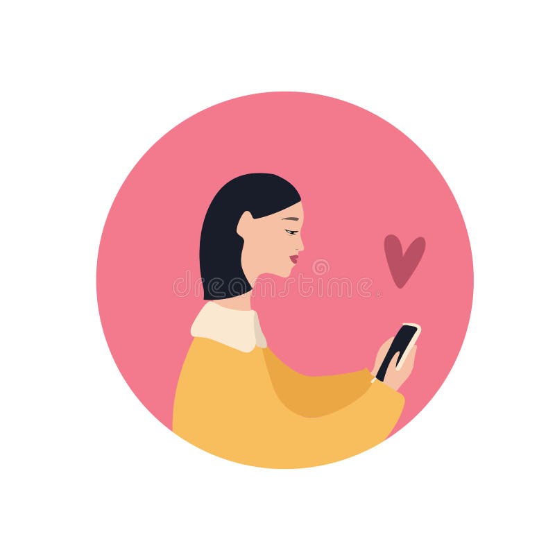 Menina caucasiano bonita com um símbolo do smartphone e do coração, ilustração lisa do vetor no fundo fúcsia ilustração do vetor Menina caucasiano bonita com um símbolo do smartphone e do coração, ilustração lisa do vetor no fundo fúcsia ilustração do vetor
