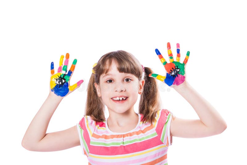 Menina com mãos na pintura foto de stock Menina com mãos na pintura foto de stock
